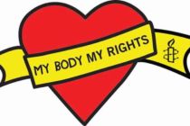 Rotes Herz mit gelbem Banner und der Aufschrift "My Body My Rights"