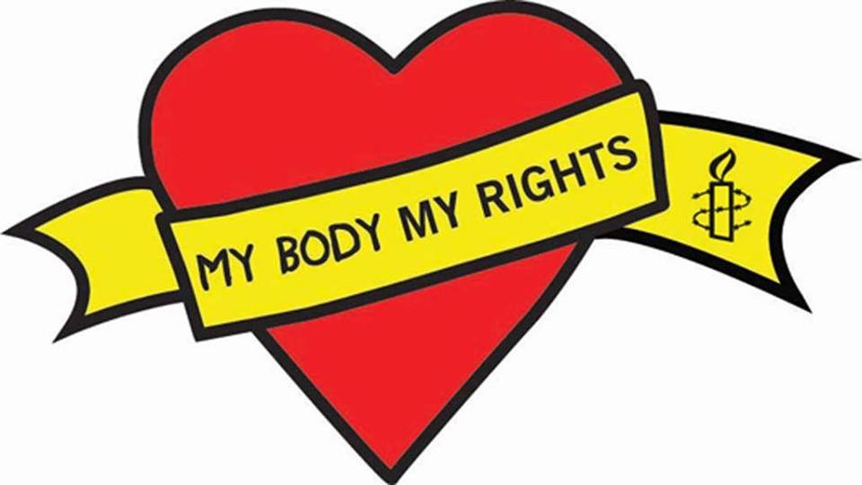 Rotes Herz mit gelbem Banner und der Aufschrift "My Body My Rights"