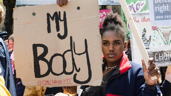 Pro-choice supporters stage a demonstration in Parliament Square to campaign for women's reproductive rights, legalisation of abortion in Northern Ireland and it's decriminalisation in the UK on 11 May, 2019 in London, England. The demonstration is a counter-protest to the anti-abortion 'March for Life' taking place alongside. (Photo by Wiktor Szymanowicz/NurPhoto via Getty Images)