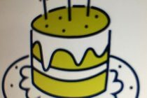 Zeichnung einer Geburtstagstorte in Amnesty-Farben.