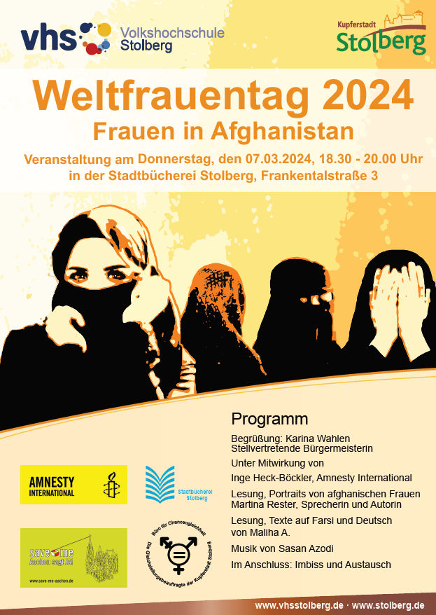 Plakat zur Veranstaltung zum Weltfrauentag "Frauen in Afghanistan" am 07.03.2024 um 18:30 Uhr in der Stadtbücherei Stolberg