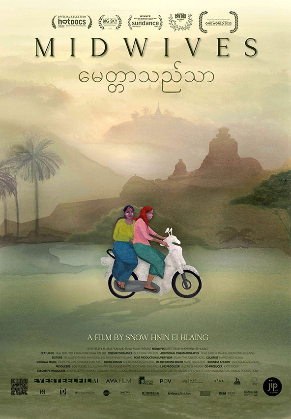 Filmplakat zum Film "Midwives" aus Myanmar. Eine Zeichnung zeigt zwei Frauen auf einem weißen Roller vor einer nebligen südostasiatischen Landschaft. Durch den Nebel sind Umrisse von Tempeln zu sehen.